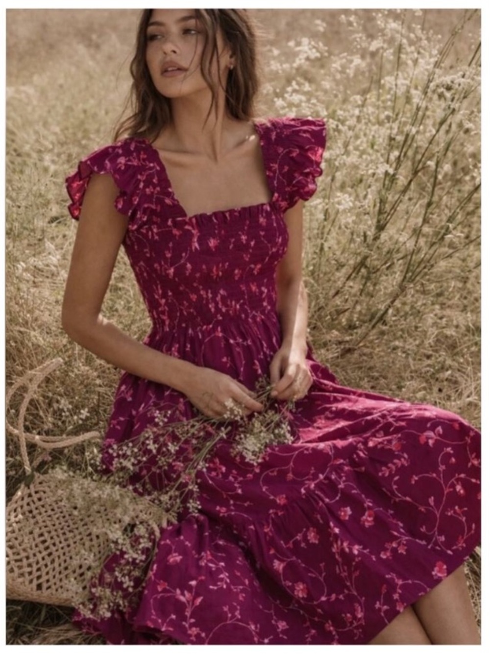 Hill House Ellie Burgundy Pink Floral Nap Midi Dress XL Smocked Tiered Like New - Picture 2 of 13